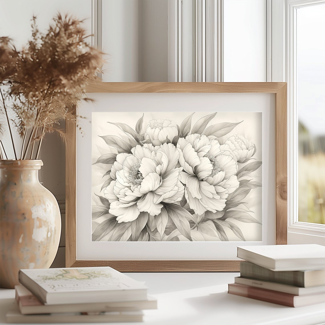 Peony Bouquet Soft Grayscale Elegant Botanical Floral Sketch Poster - Image 2