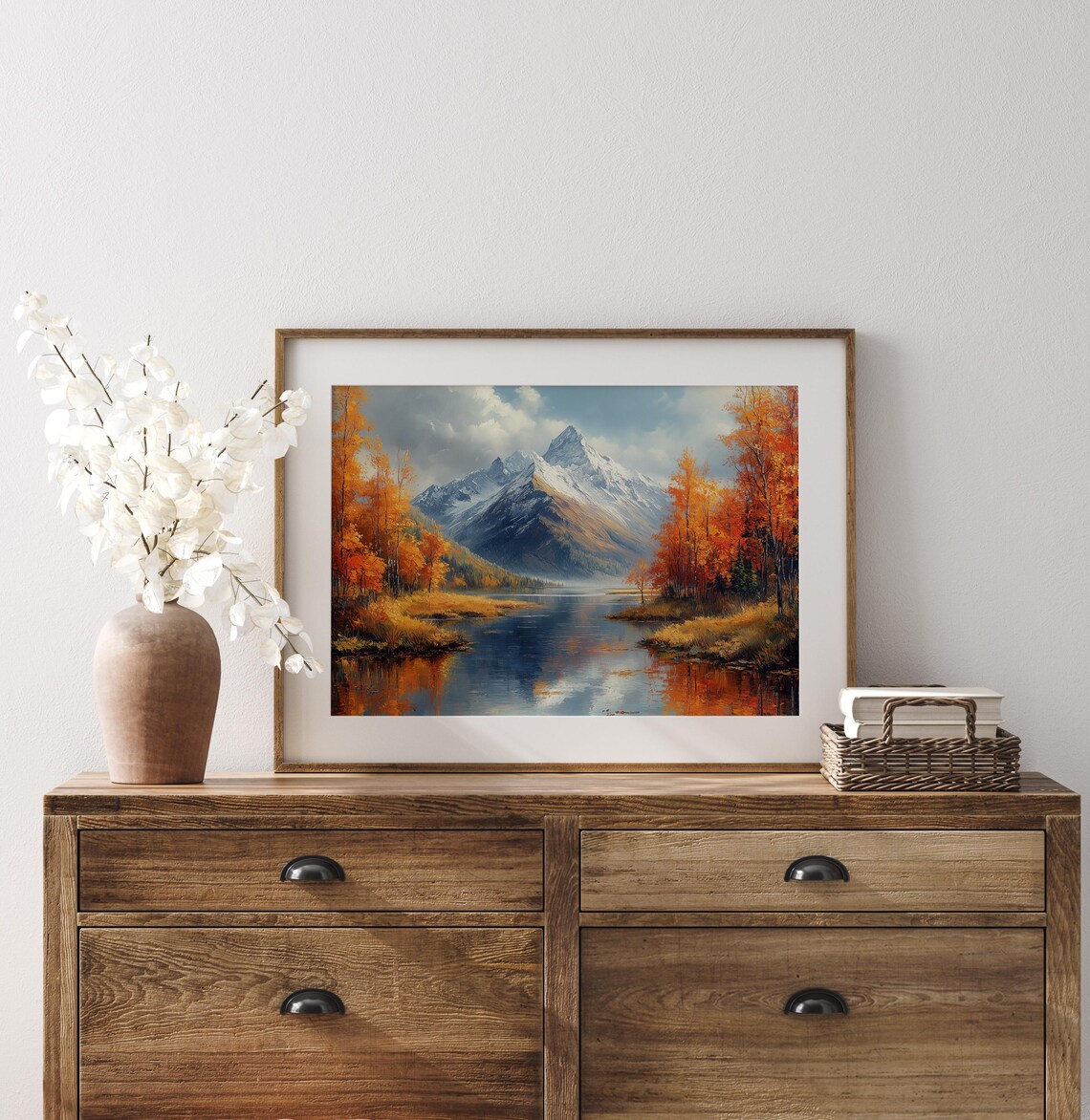 Snow Capped Mountain Reflected in Still Lake Framed by Autumn Birches Wall Art - Image 3