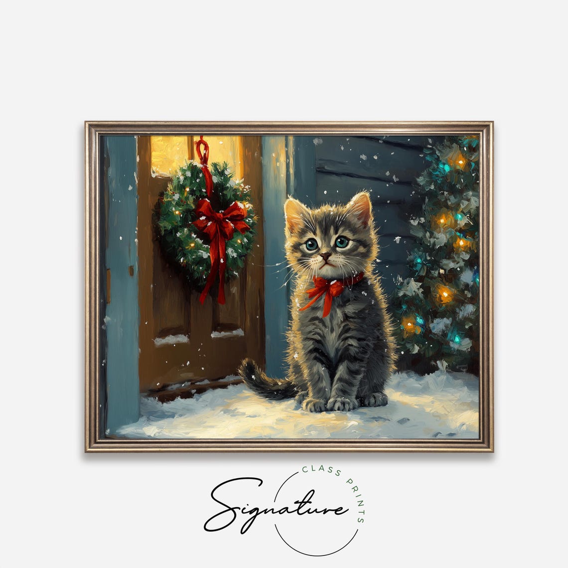 Tabby Kitten With a Red Bow on a Snowy Christmas Doorstep Poster - Image 4