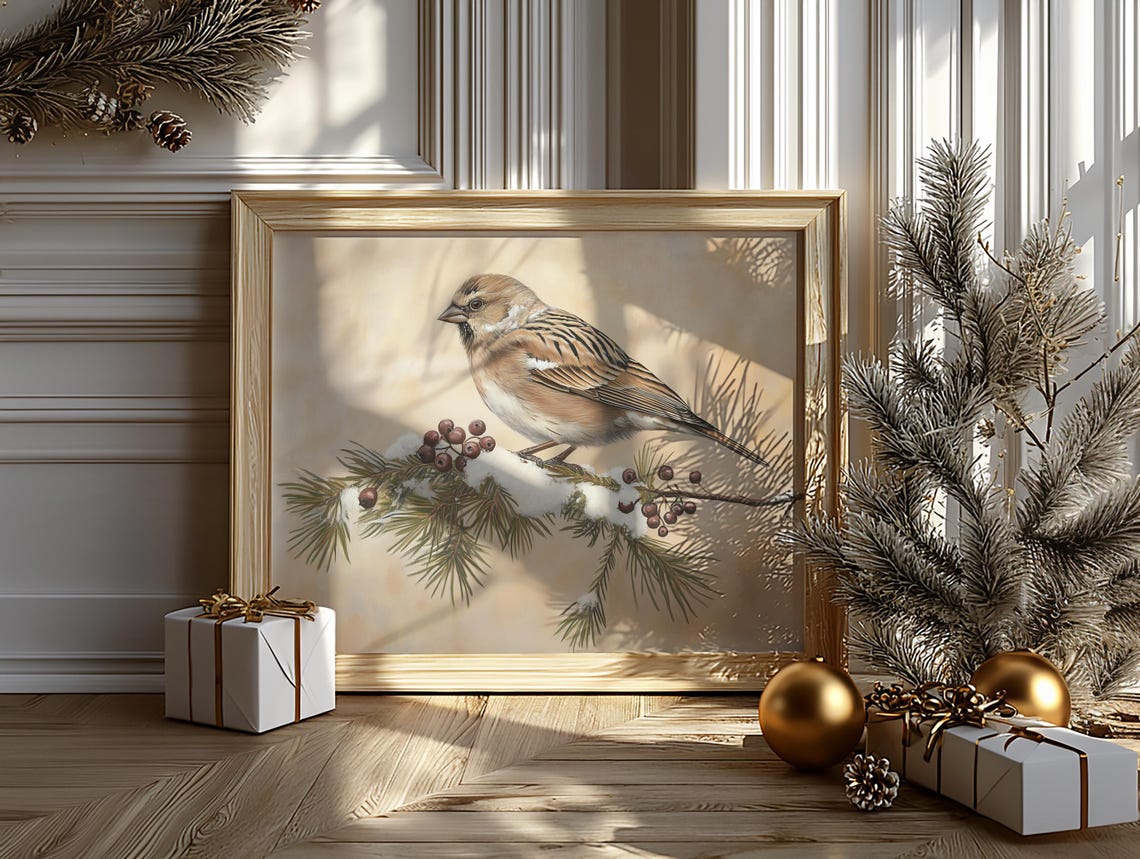 Linnet On Snowy Pine Branch With Juniper Berries Vintage Print - Image 6
