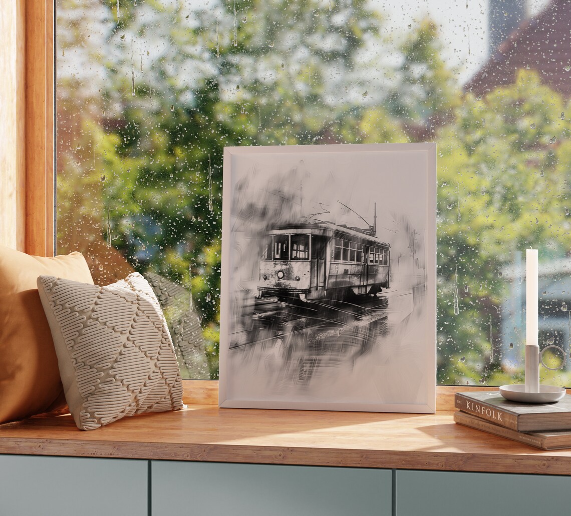 Vintage Streetcar on Rainy Street Black and White City Poster - Image 2