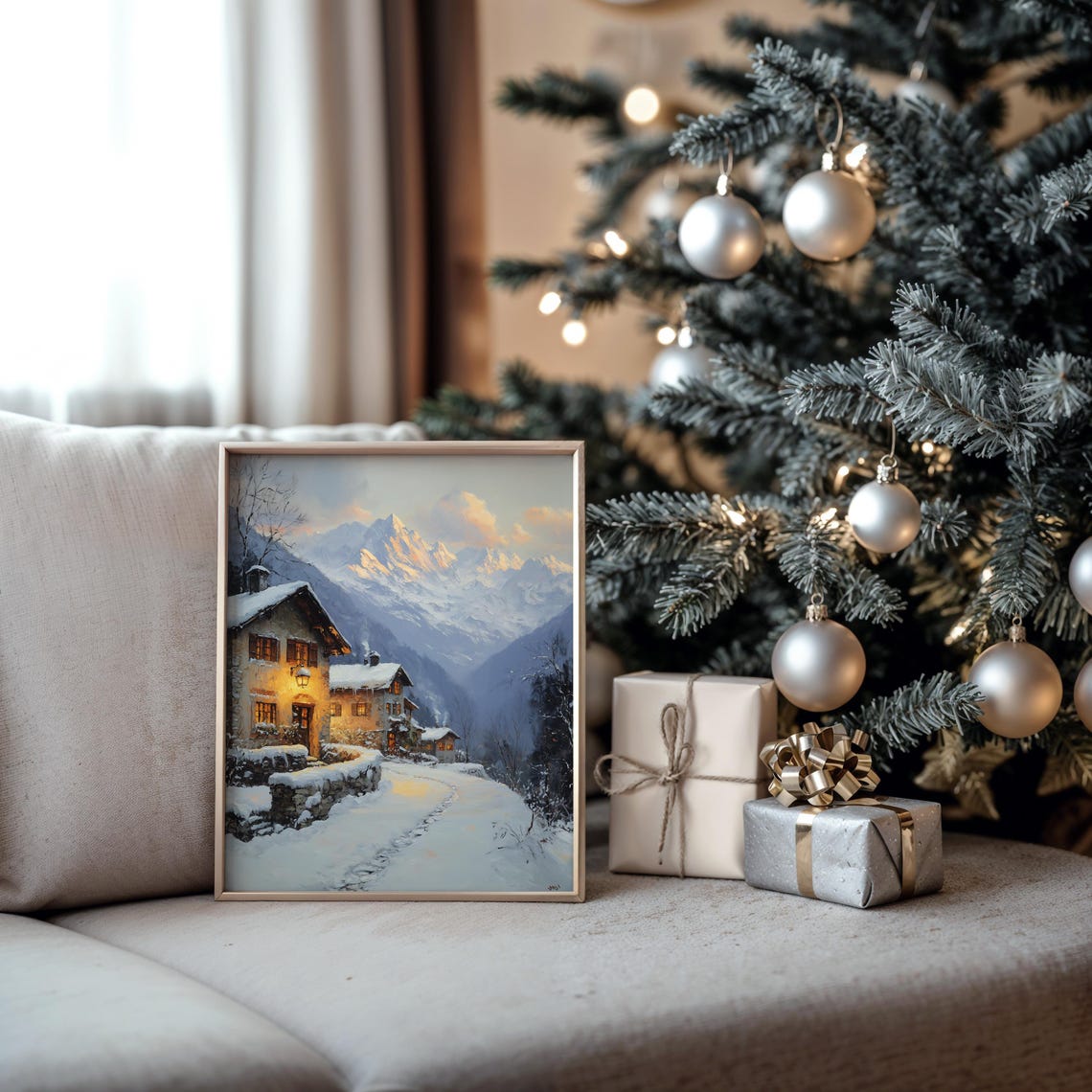 Alpine Village with Snowy Mountain Peak at Golden Sunset Poster - Image 5