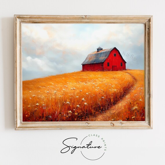 Red Barn Golden Hilltop Soft Sky Autumn Farm Landscape Poster