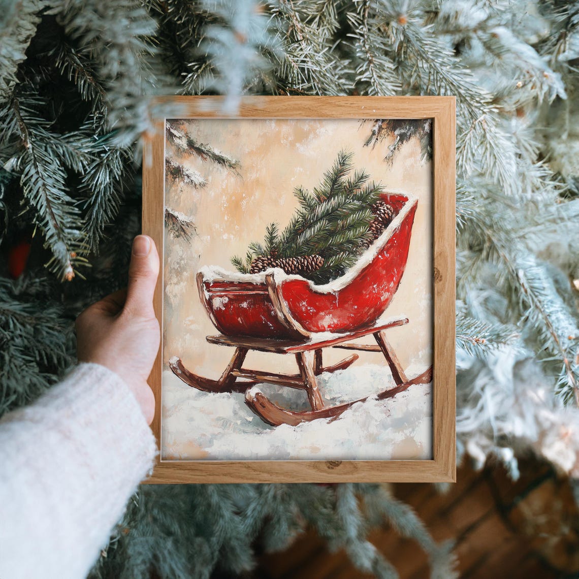 Red Vintage Sleigh Filled With Pine Branches and Pinecones Snow Poster - Image 6