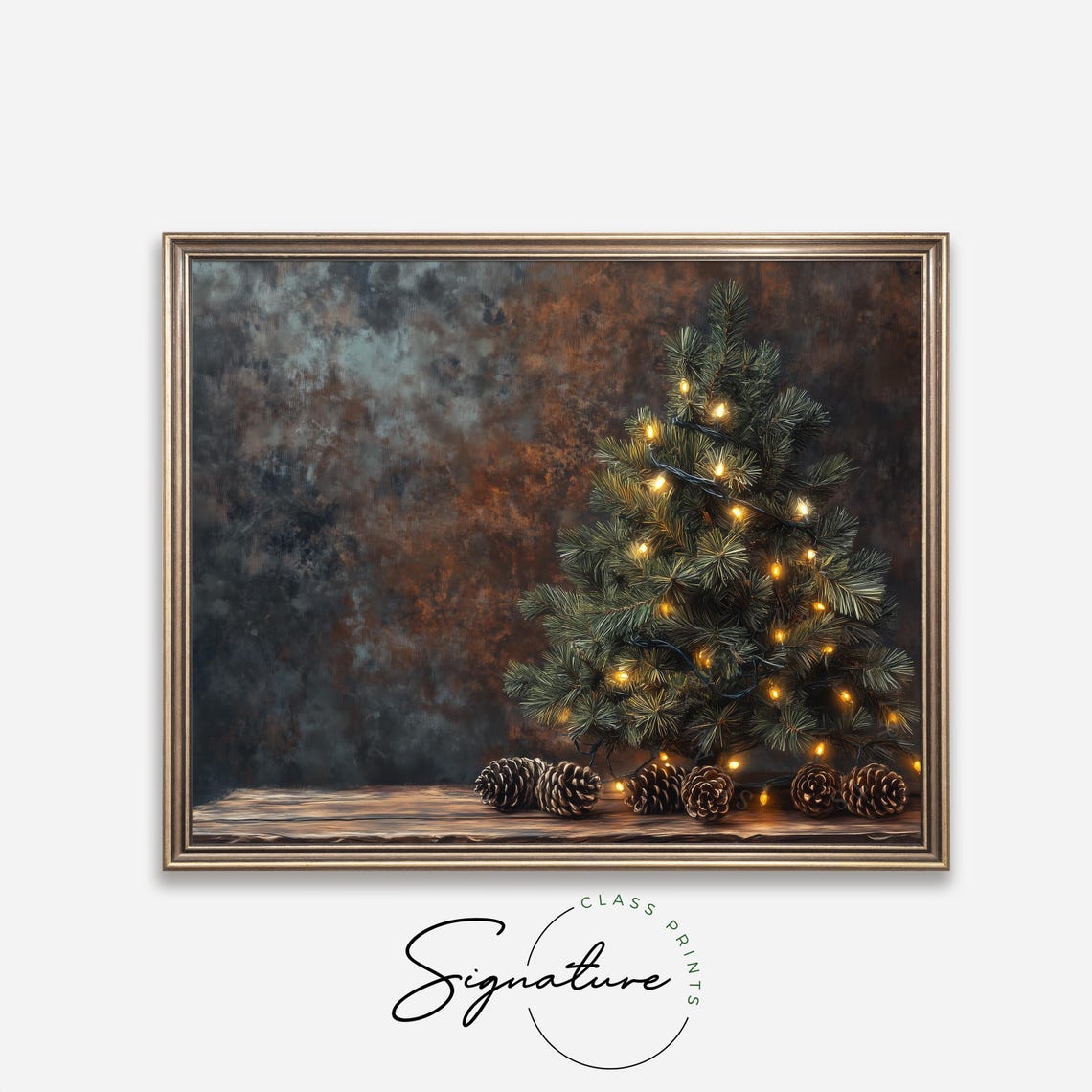 Rustic Mini Evergreen Tree with Lights and Pinecones on Wood Poster - Image 4