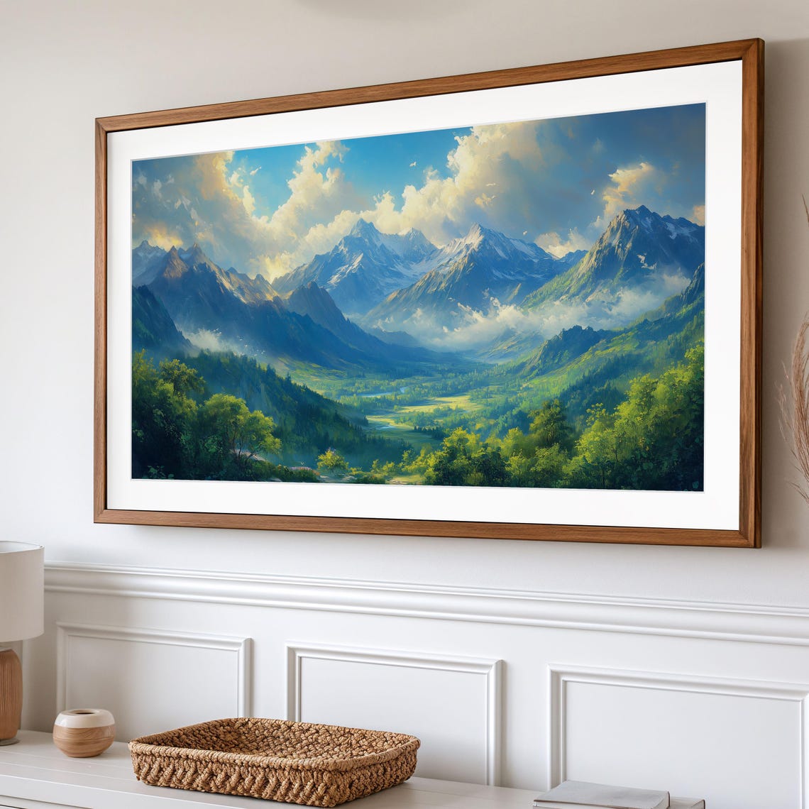 Majestic Mountain Peaks Over Lush Green Valley Frame TV Wall Art - Image 2
