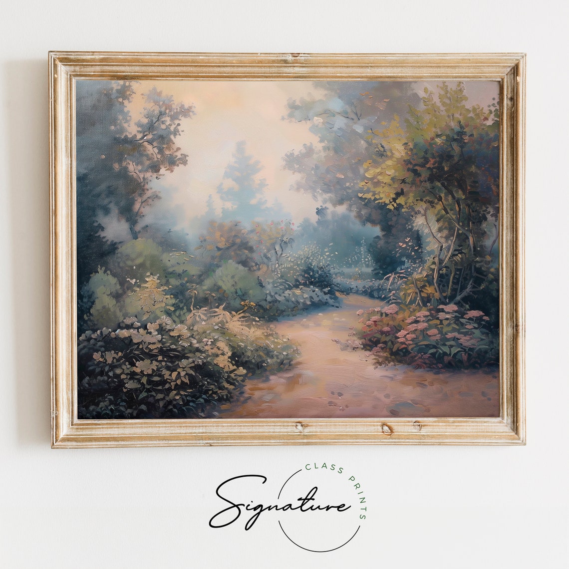 Misty Garden Path Through Blooming Shrubs Soft Impressionist Poster