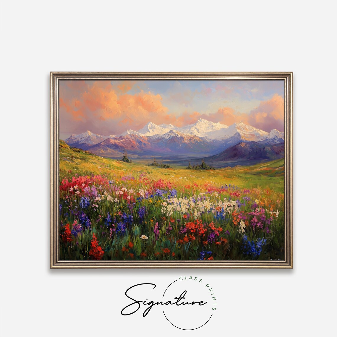 Alpine Wildflower Meadow Sunrise Snow Capped Mountain Landscape Poster - Image 2