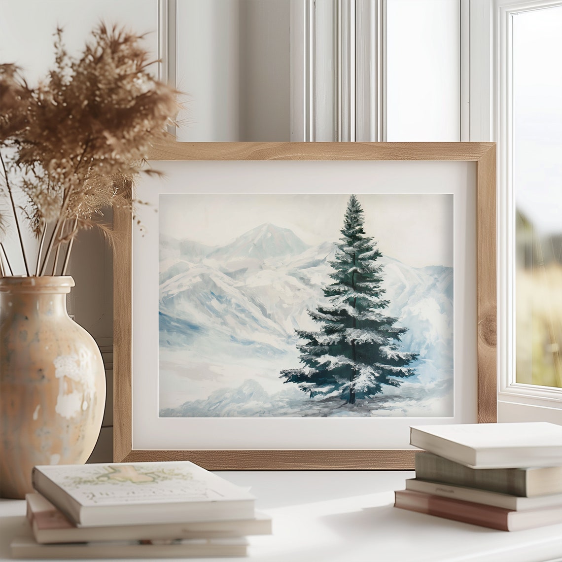 Lone Snow Dusted Spruce Tree Before Alpine Peaks Winter Poster - Image 2