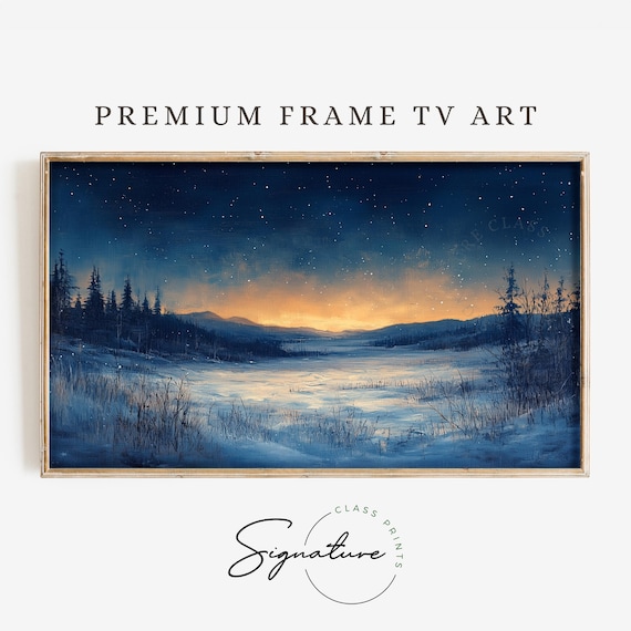 Snowy Winter Night Starry Sky Frozen Lake Moody Blue Landscape Poster