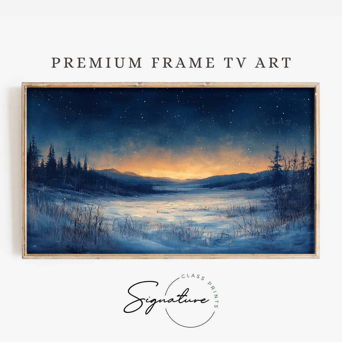 Snowy Winter Night Starry Sky Frozen Lake Moody Blue Landscape Poster