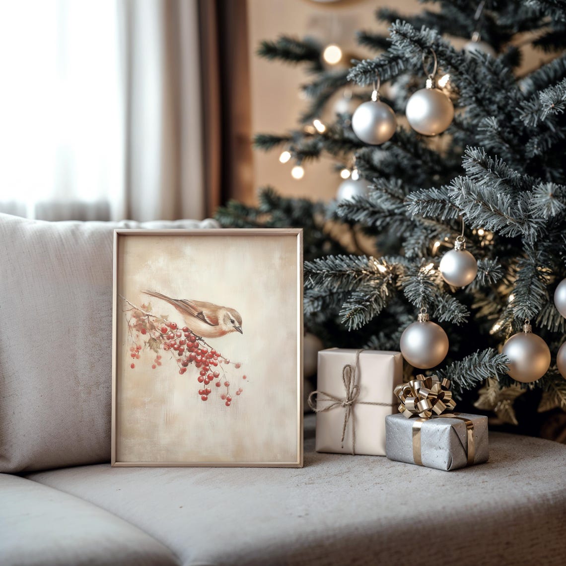 Songbird Resting on Red Winter Berries Vintage Winter Poster - Image 5