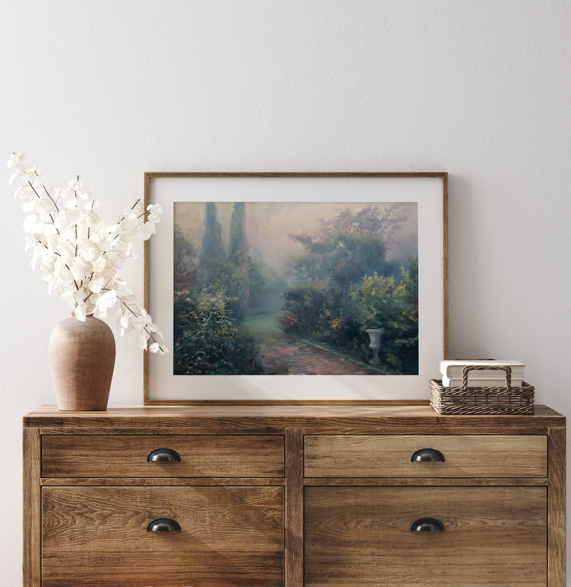 Misty Garden Morning With Cypress Trees Romantic Impressionist Poster - Image 3