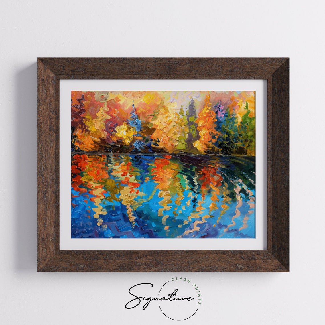 Fiery Autumn Trees Reflected In Deep Blue Lake Impasto Oil Poster - Image 5