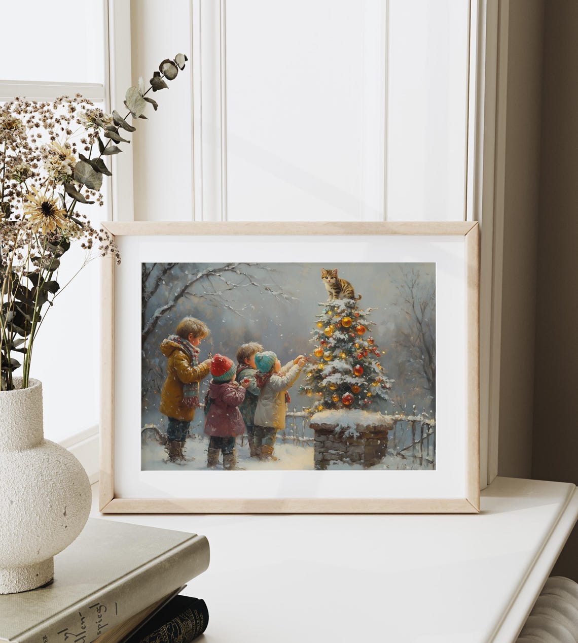 Children Decorating A Snowy Outdoor Christmas Tree With Kitten Poster - Image 6