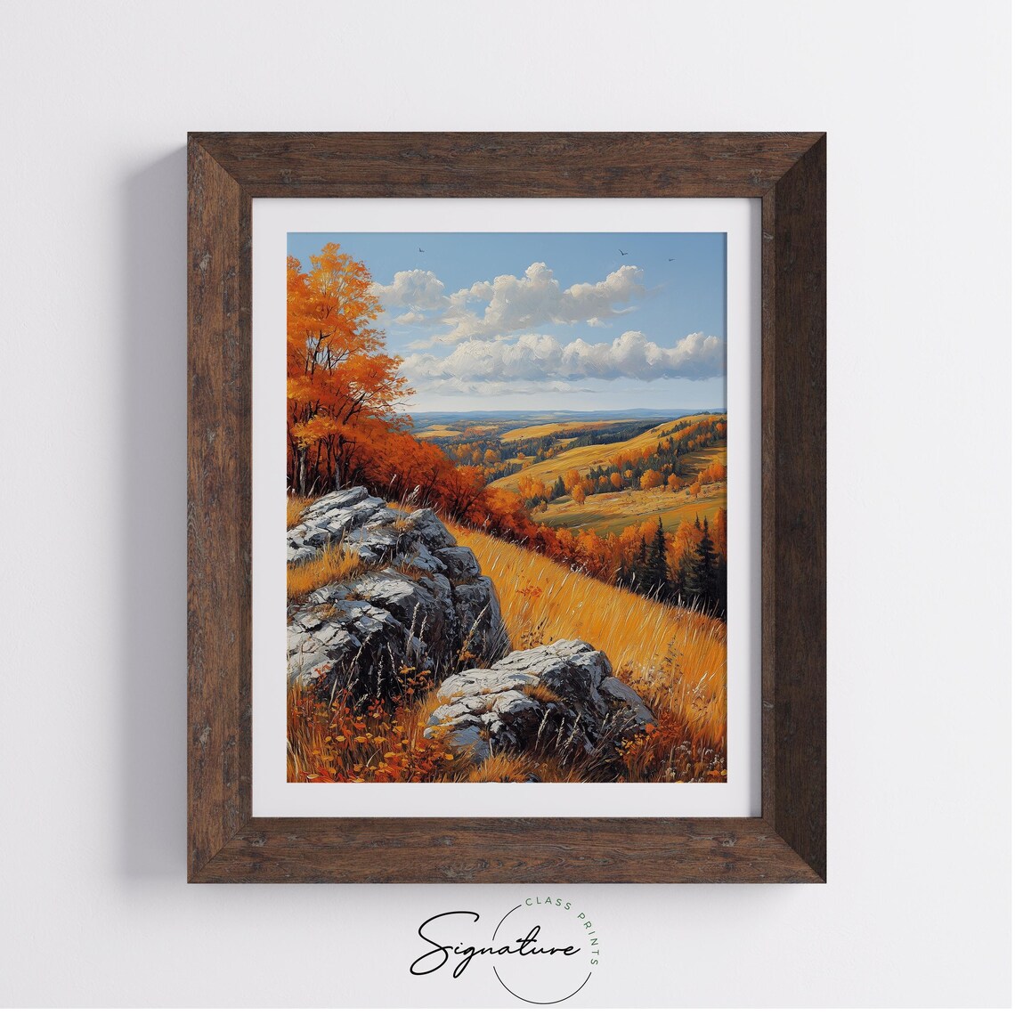 Rocky Hillside With Orange Birches Overlooking Autumn Valley Vista Wall Art - Image 4