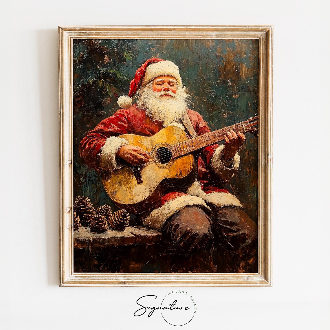 Santa Claus Playing Acoustic Guitar Christmas Oil Painting Print