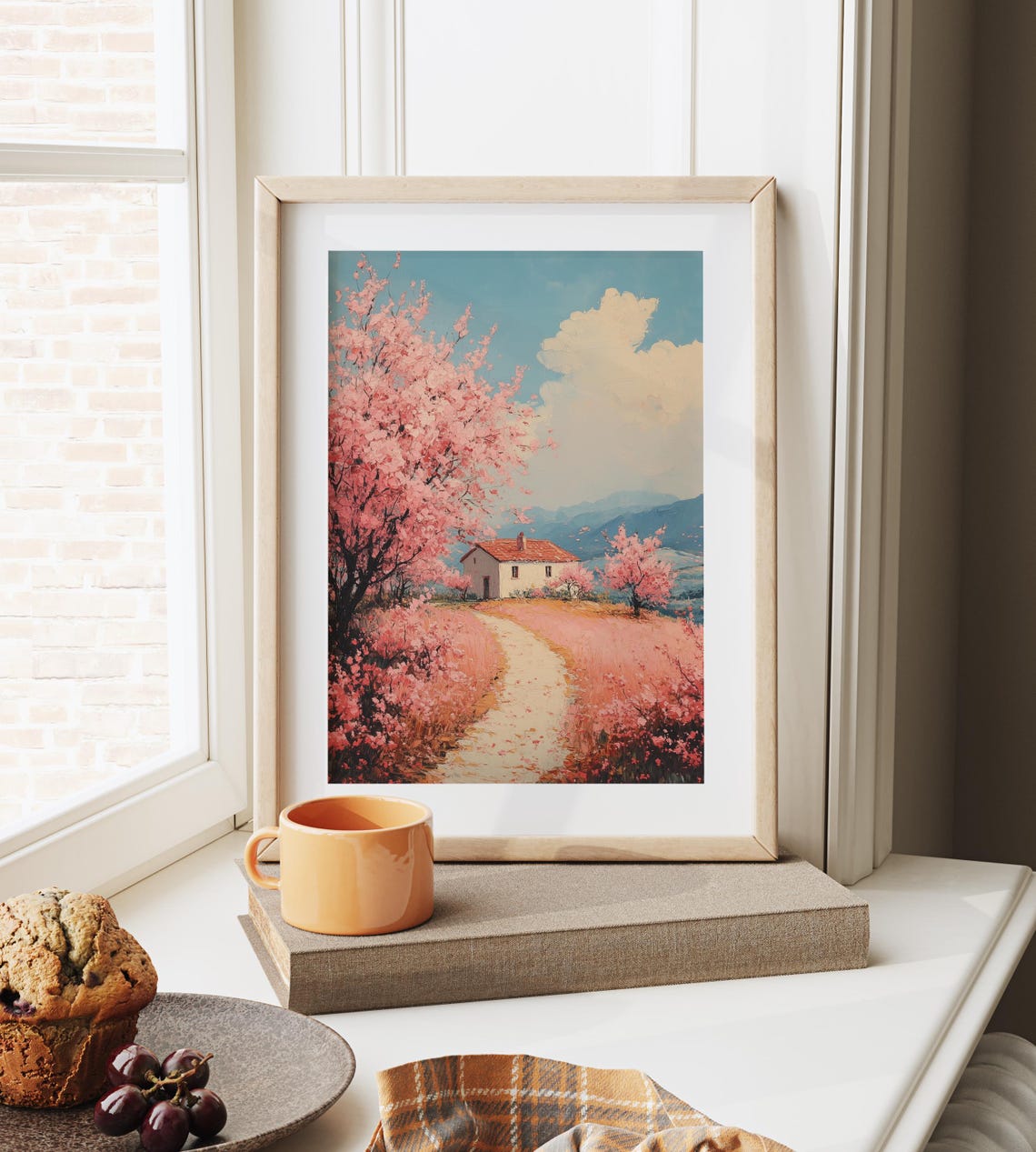 Pink Blossom Orchard White Cottage Mountain Backdrop Spring Poster - Image 4