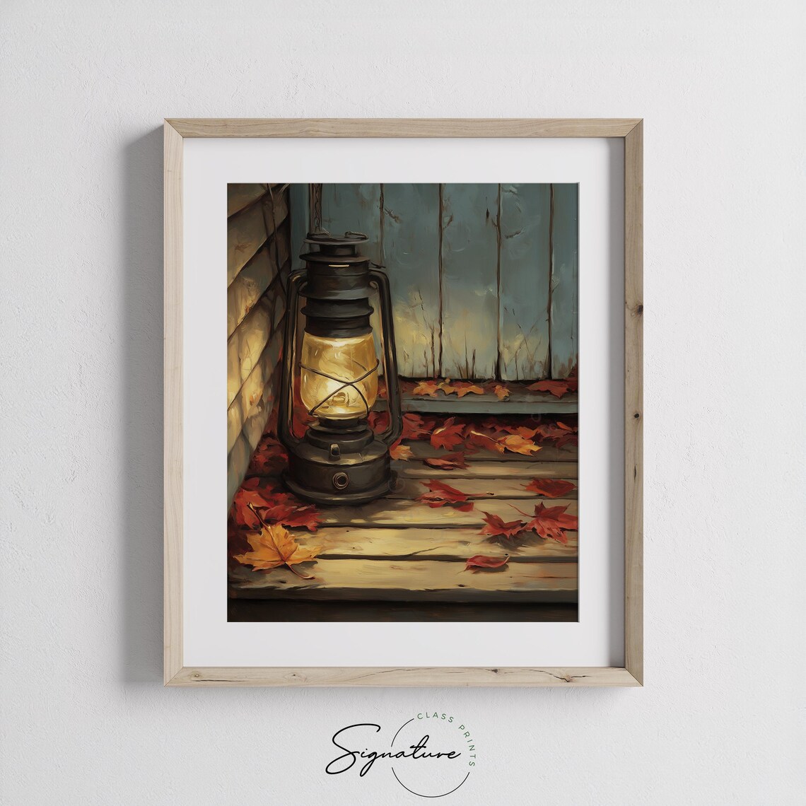 Lit Vintage Lantern On Wooden Porch With Red Autumn Leaves Poster - Image 3