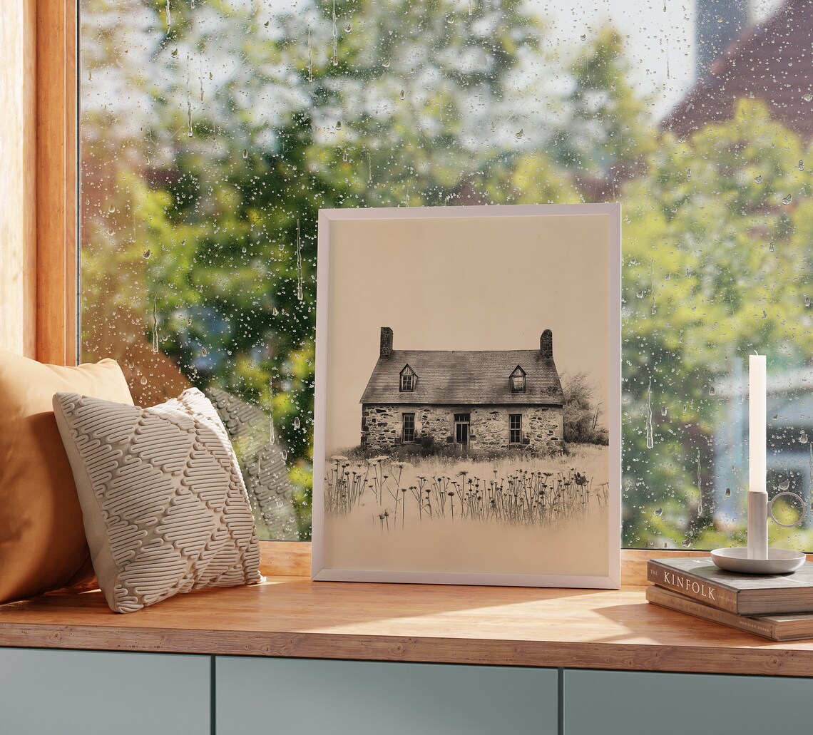 Old Stone Cottage In Wildflower Field Rustic Farmhouse Sketch Poster - Image 2