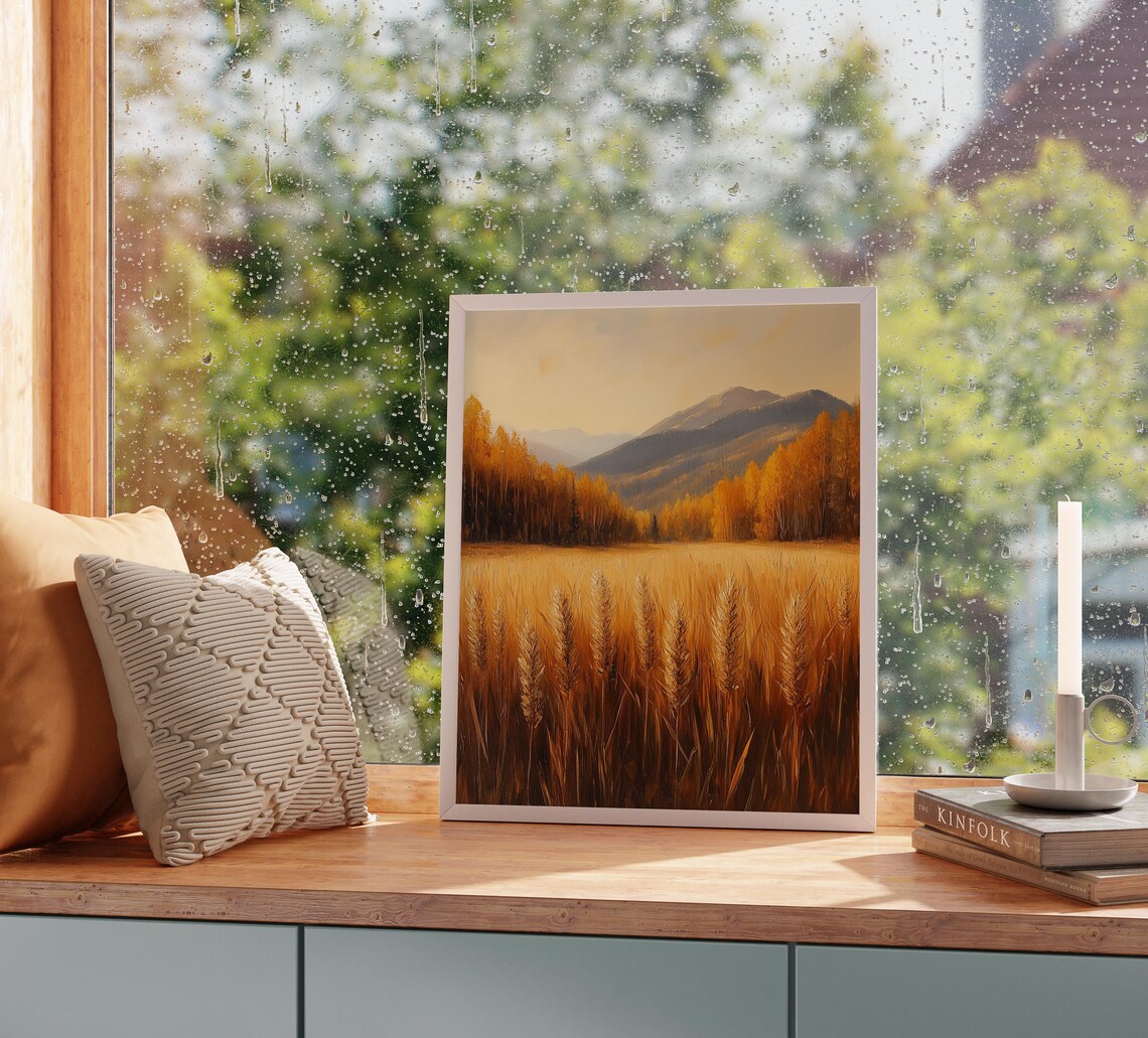 Golden Wheat Stalks Swaying Before Distant Mountains in Autumn Wall Art - Image 2