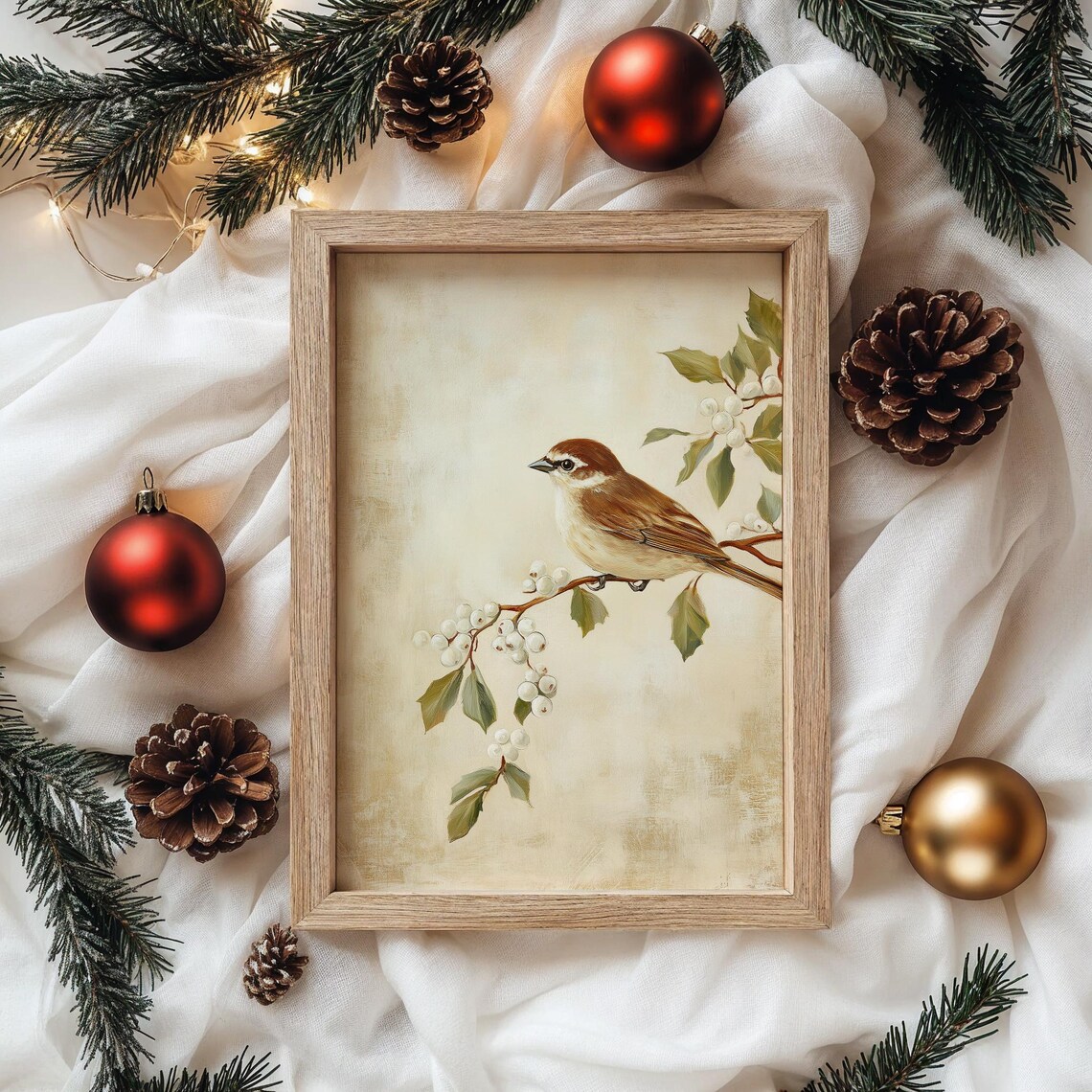 Sweet Brown Songbird on Winter Berry Branch Oil Painting Poster - Image 4