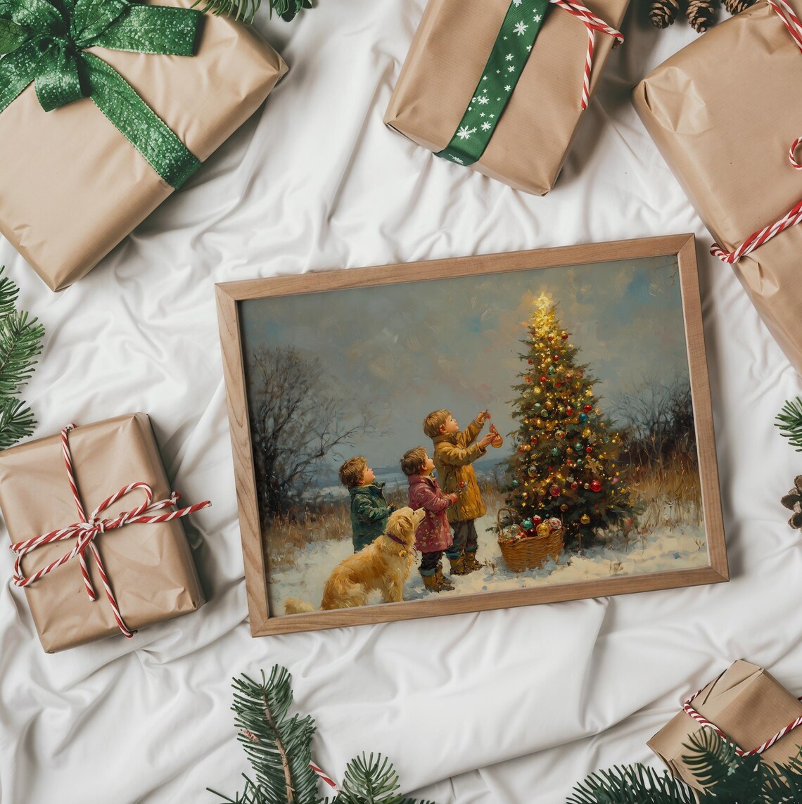 Children and a Dog Decorating a Christmas Tree in the Snow Poster - Image 2