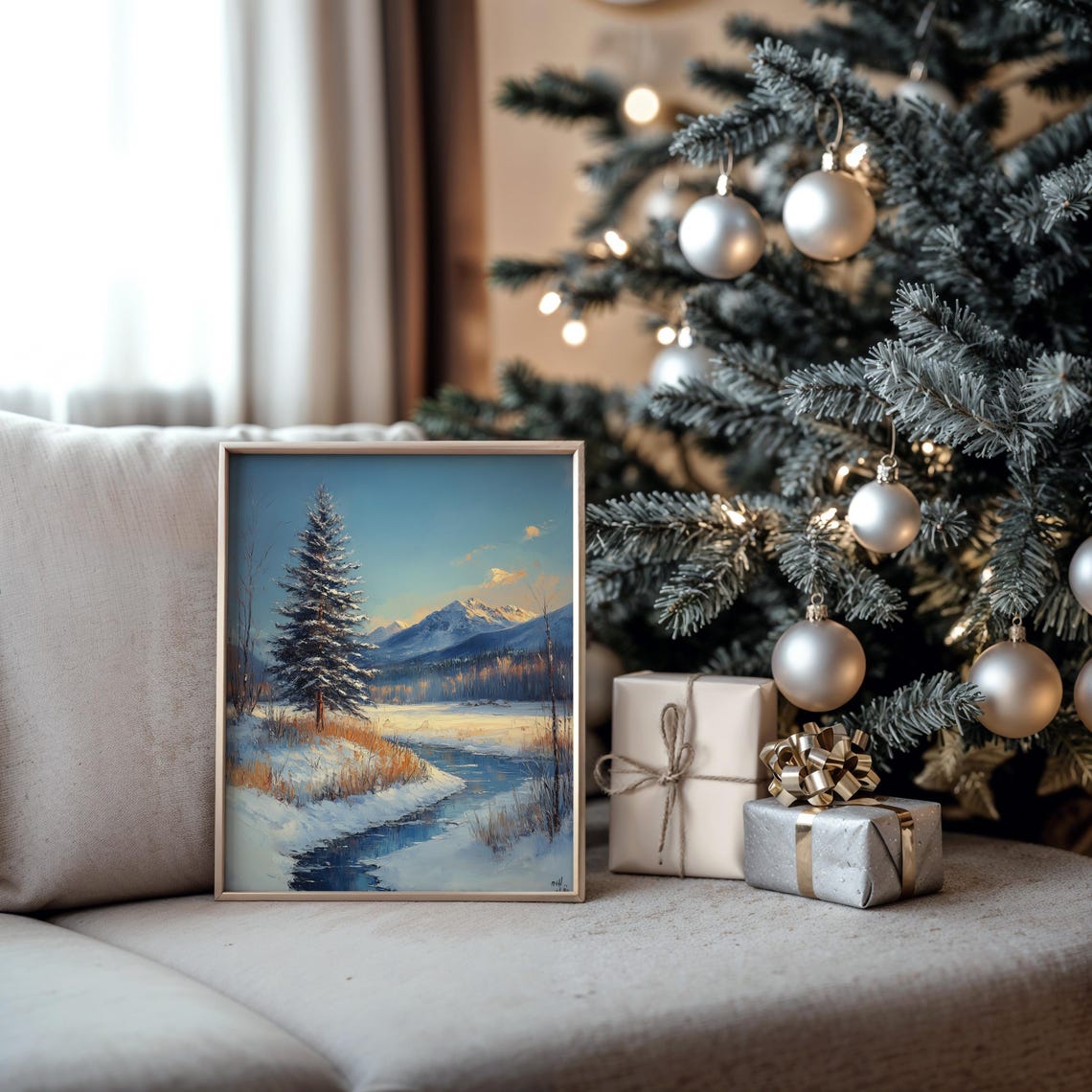 Snowy Mountain Stream with Lone Pine under Golden Sunset Poster - Image 5