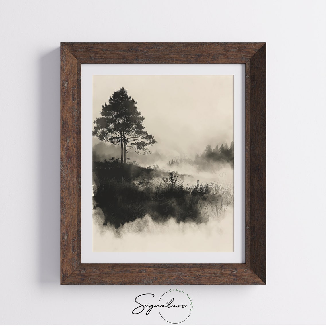 Lone Pine Tree In Morning Haze Misty Meadow Monochrome Poster - Image 4