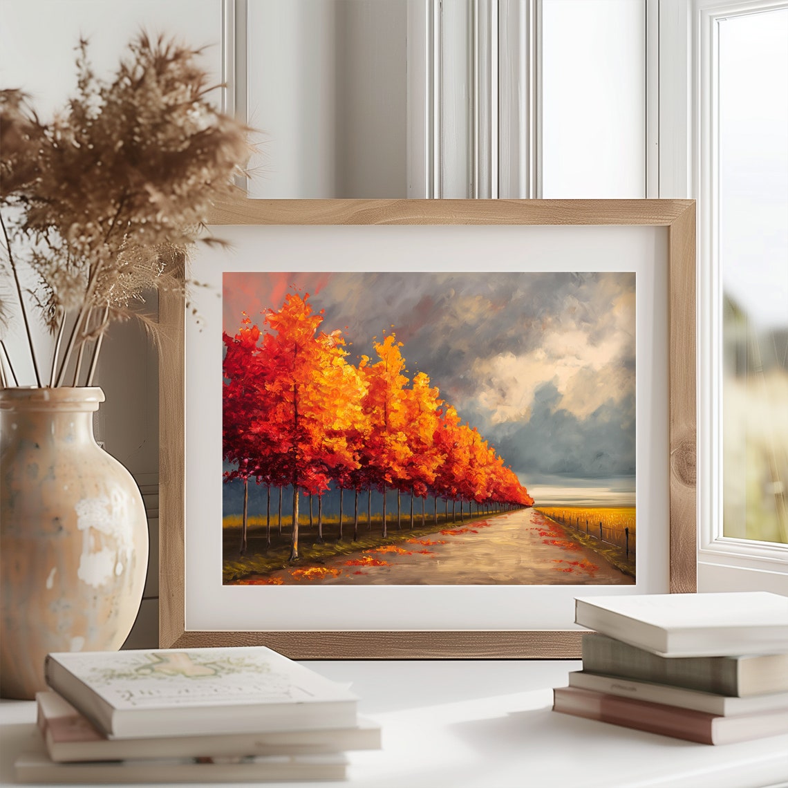 Fiery Maple Avenue Beside Dirt Road Dramatic Cloudscape Poster - Image 2