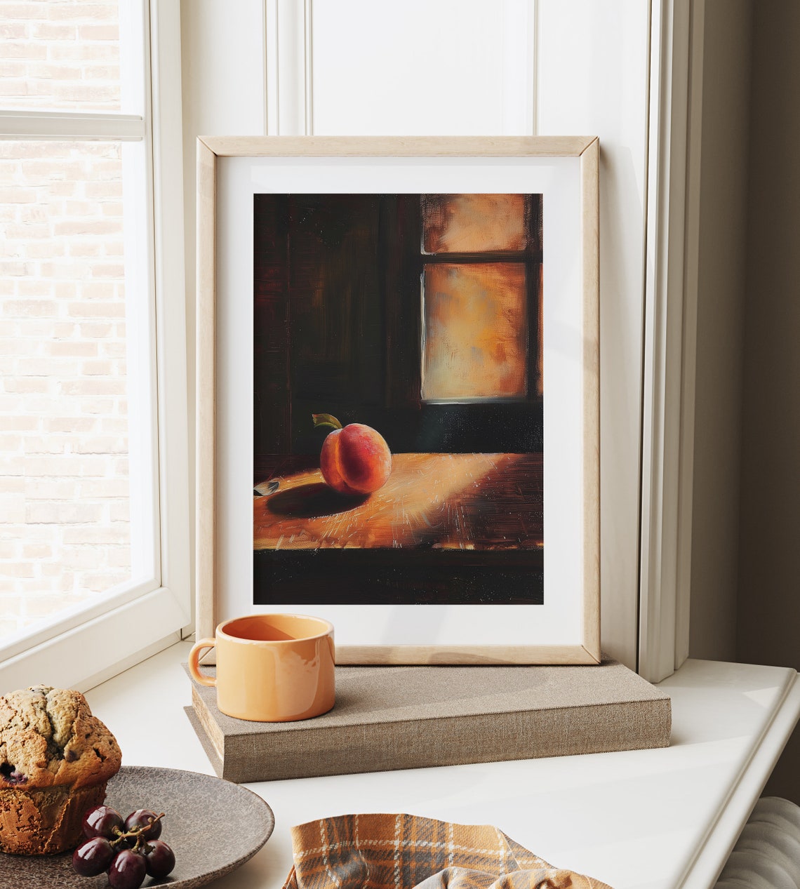 Single Peach By Sunlit Window Rustic Kitchen Still Life Poster - Image 6