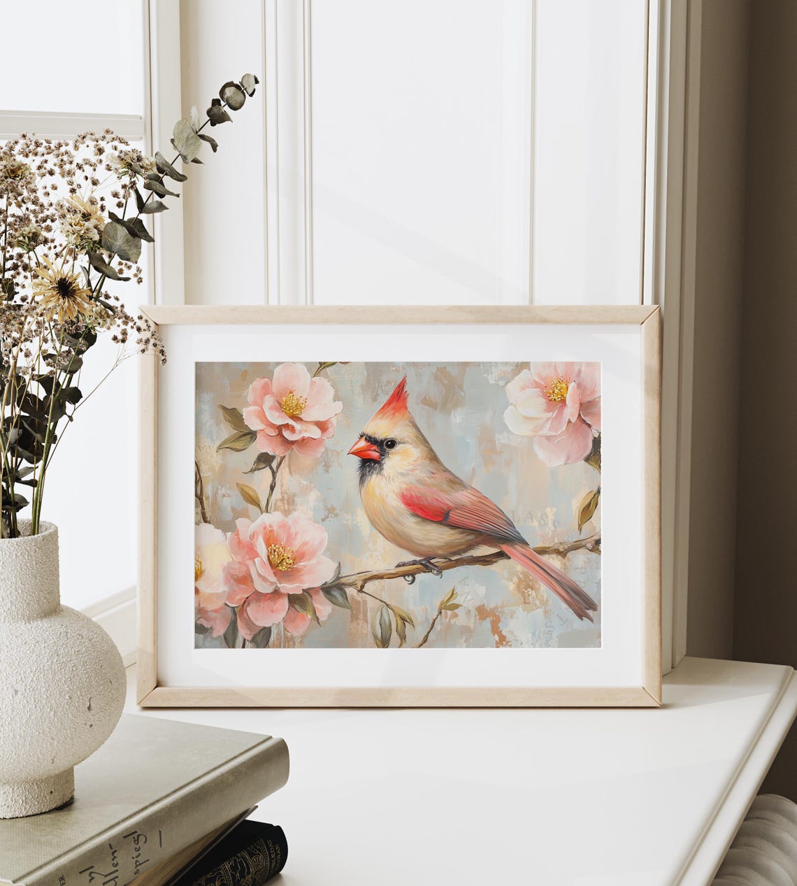 Female Northern Cardinal Among Pink Camellia Blossoms Poster - Image 4
