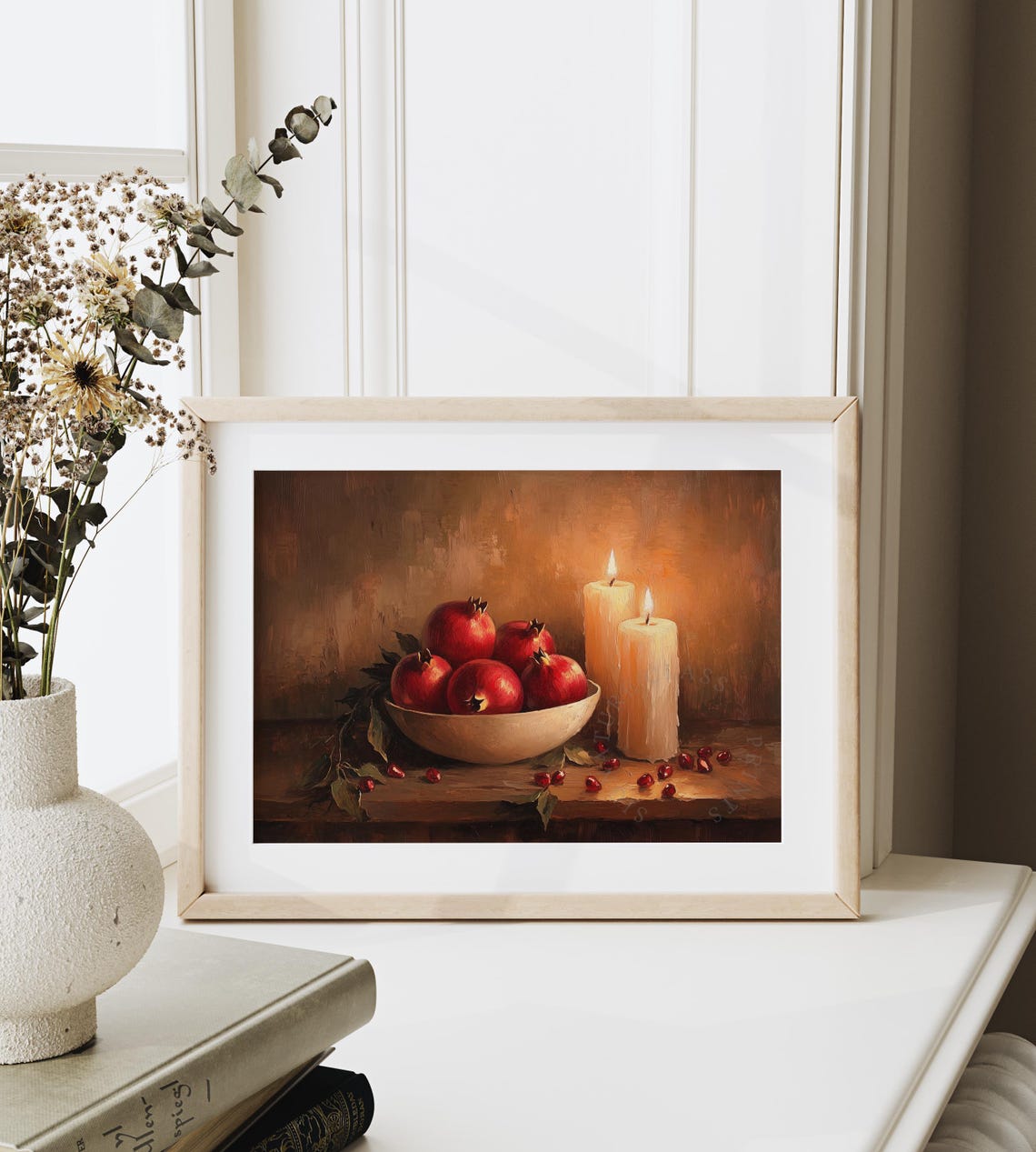 Pomegranate Bowl With Glowing Candles Rustic Autumn Still Life Poster - Image 6