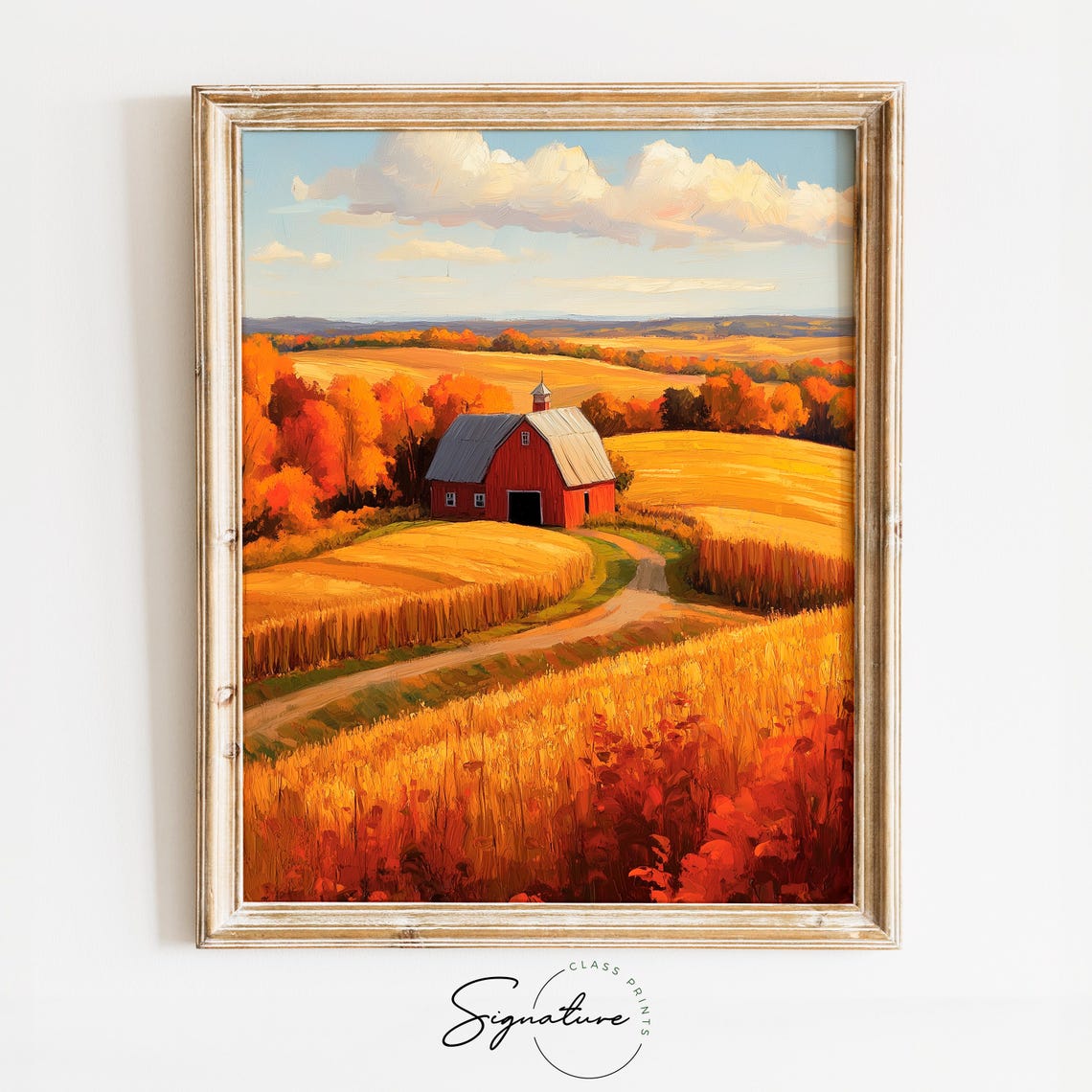 Red Gambrel Barn Surrounded By Golden Harvest Fields Fall Farm Poster