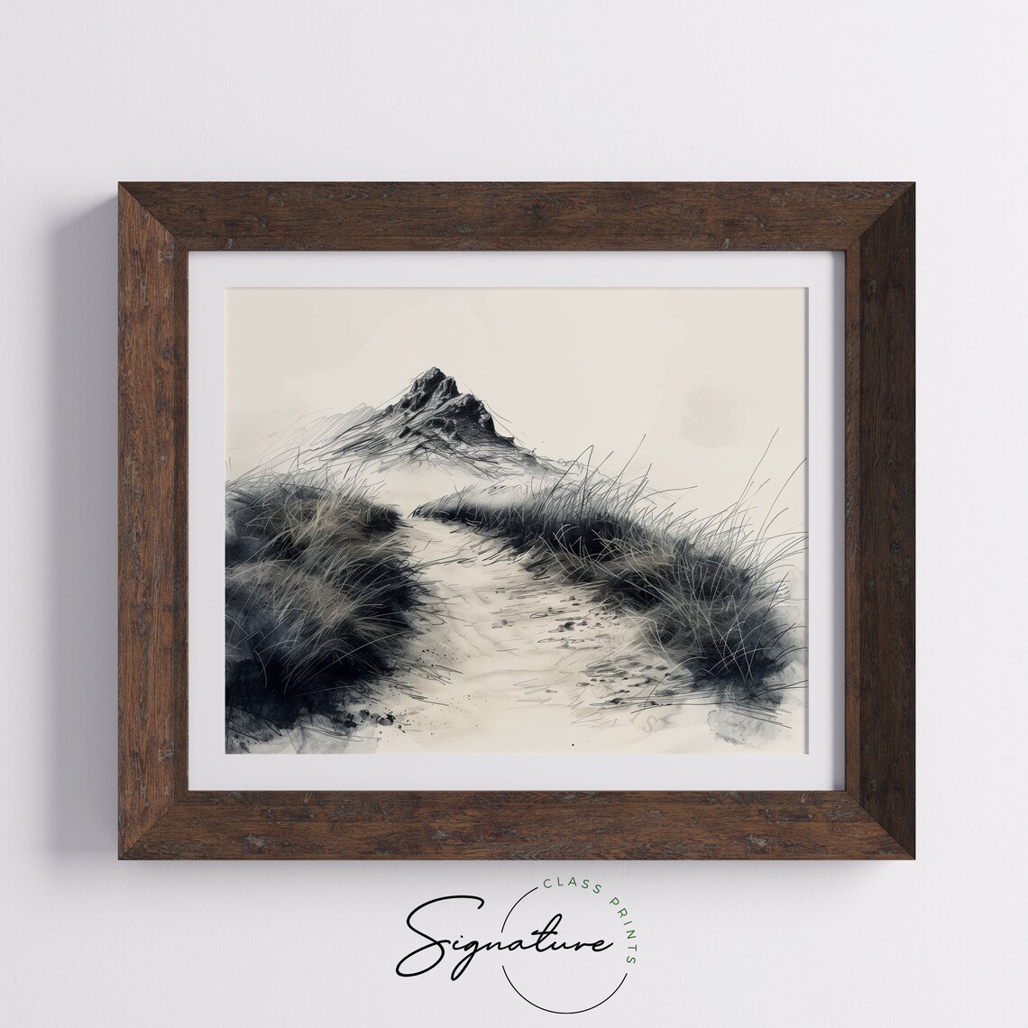 Mountain Trail Through Grasses Black Ink Wash Landscape Poster - Image 5