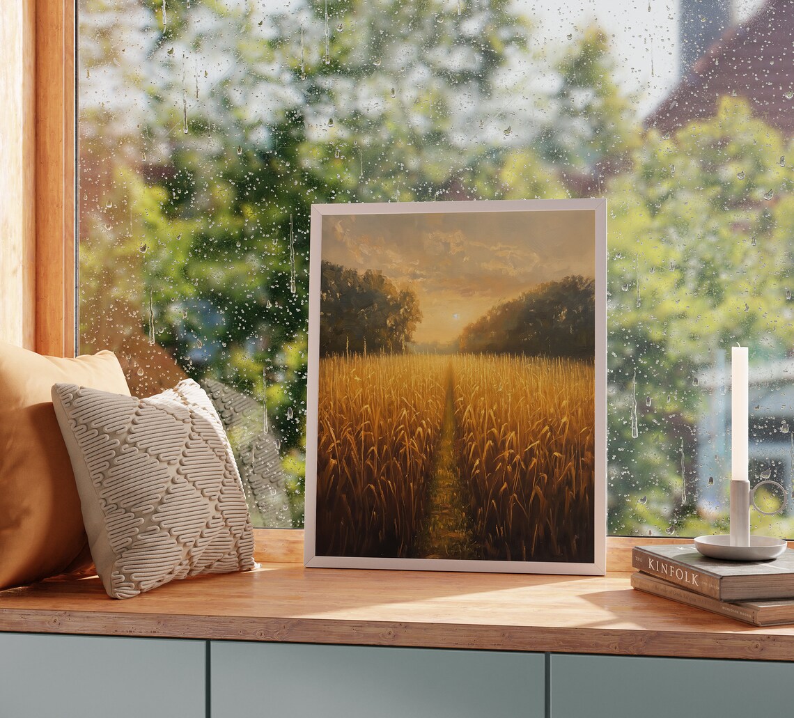 Sunlit Cornfield Painting, Rustic Farm Landscape - Image 2