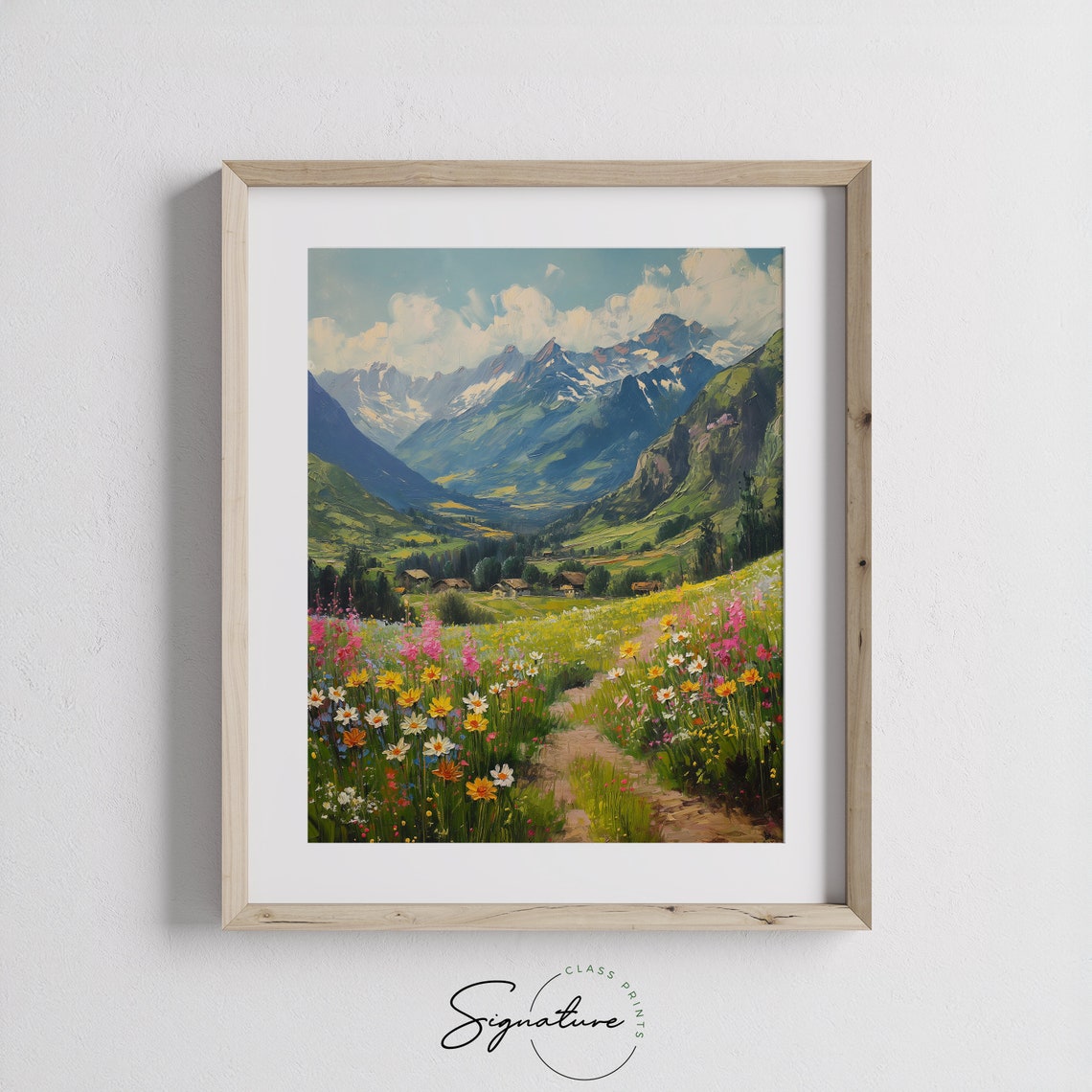 Spring Alpine Valley Flower Path Toward Cabins And Snowy Peaks Poster - Image 3