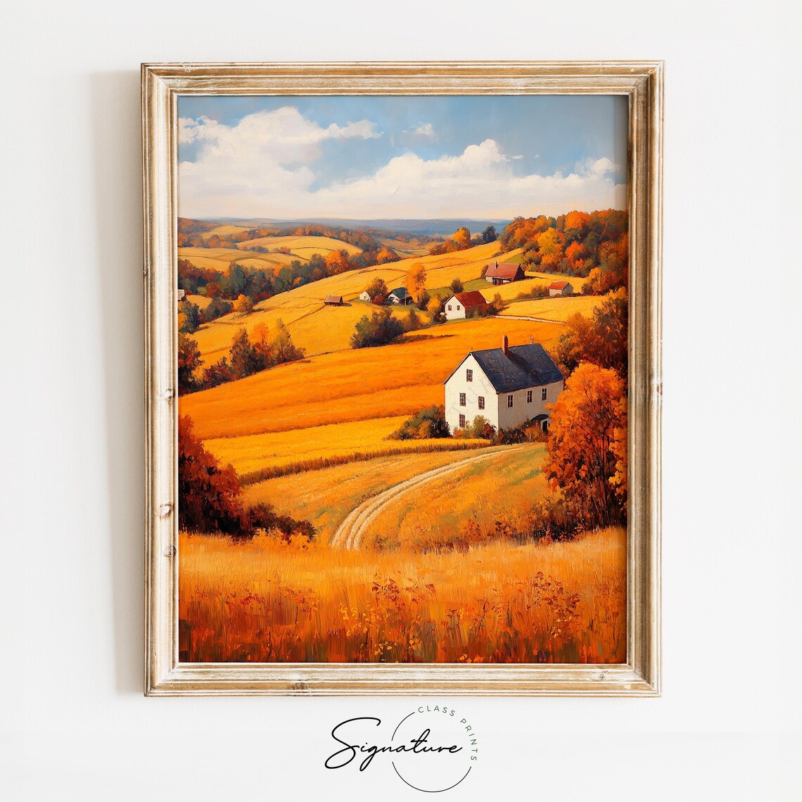 Rolling Golden Hills with White Farmhouse and Red Barns Poster