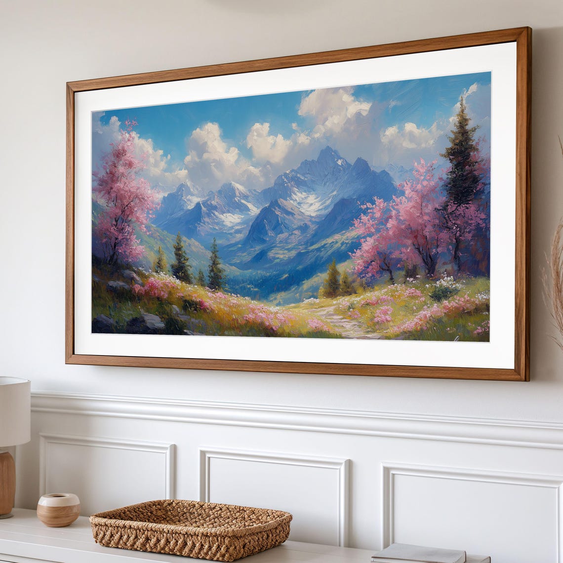 Mountain Valley Pink Blossom Trees Spring Snow Peaks Scenic Wall Art - Image 2