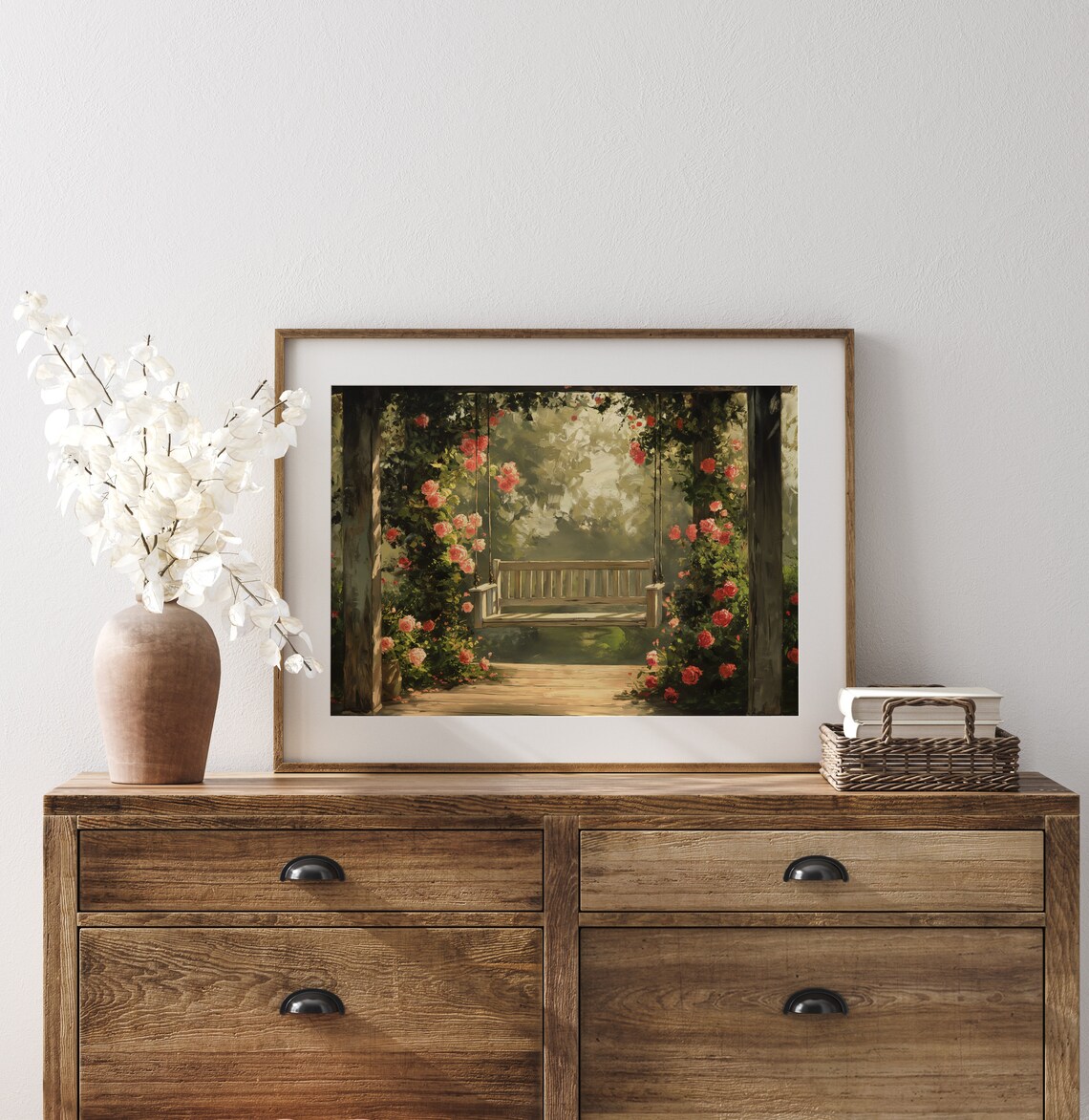 Porch Swing With Climbing Pink Roses Garden Pergola Painting Poster - Image 3
