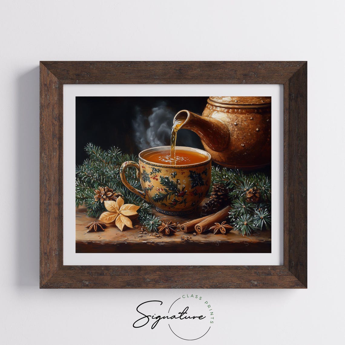 Vintage Teapot Pouring Hot Tea Festive Cup Evergreen Spices Poster - Image 5