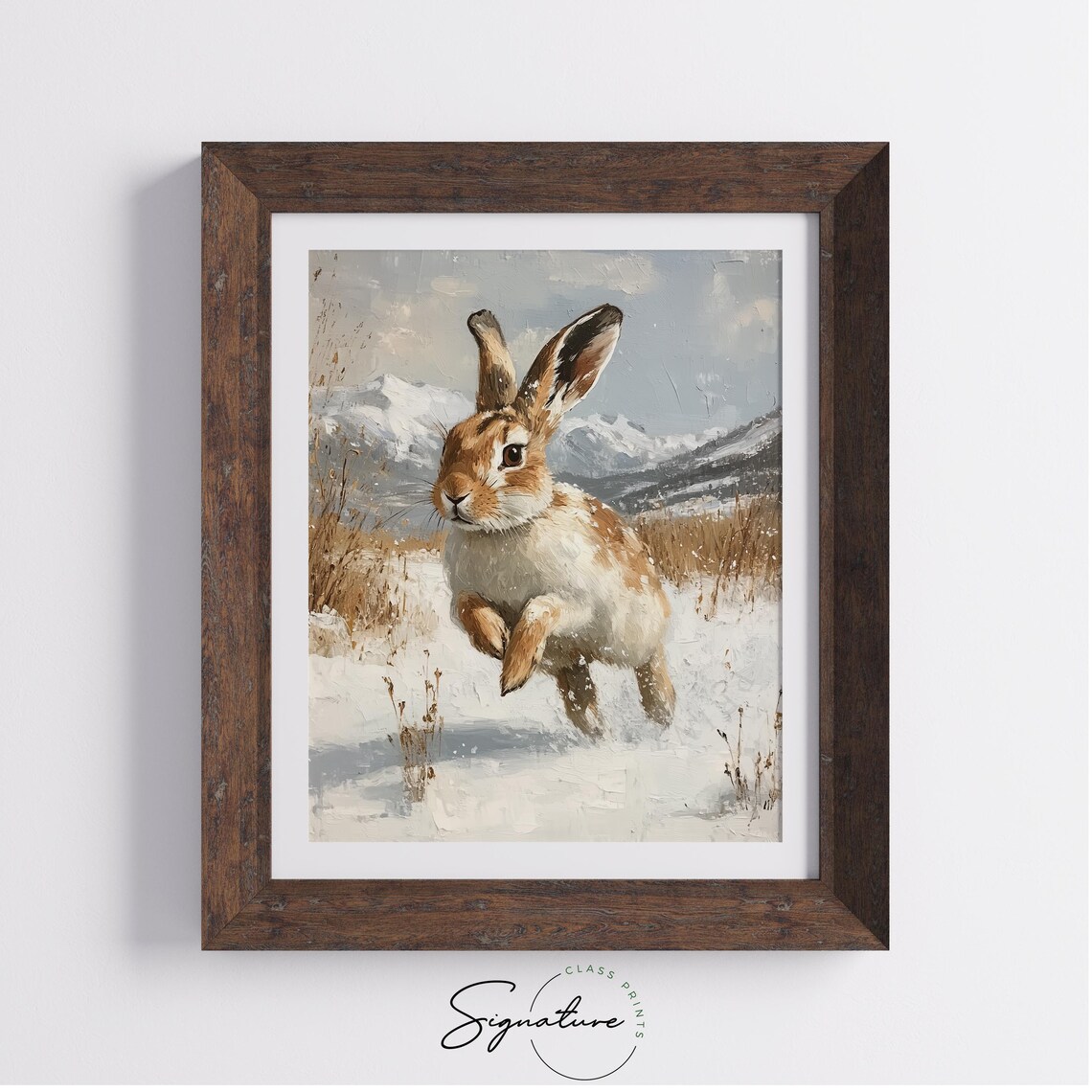 Hare Running Snow Mountain Winter Wildlife Woodland Animal Painting Poster - Image 2