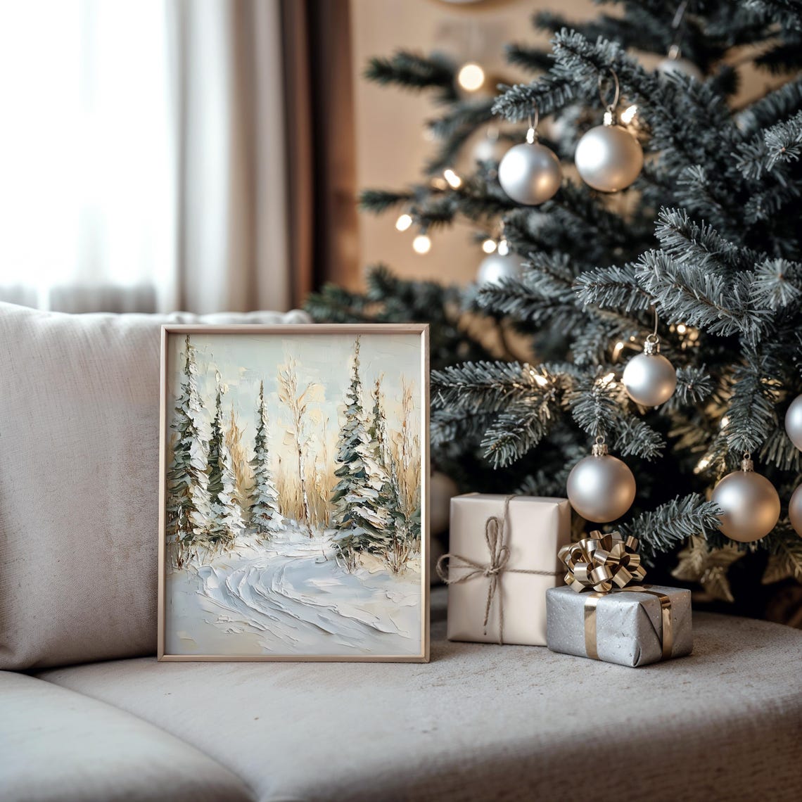 Snow Laden Evergreens with Curving Trail Impasto Winter Poster - Image 6