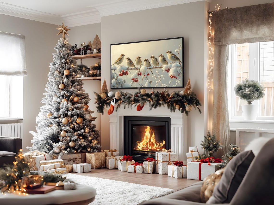 Joyful Seven Sparrows On Snowy Berry Branch Winter TV Art Poster - Image 2