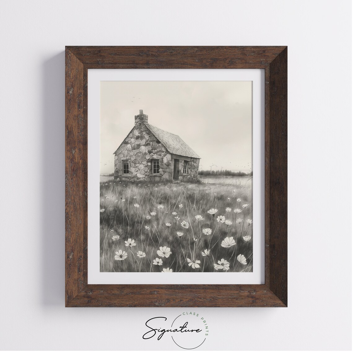 Stone Cottage In A Field Of Wildflowers Sketch Rustic Art Poster - Image 4