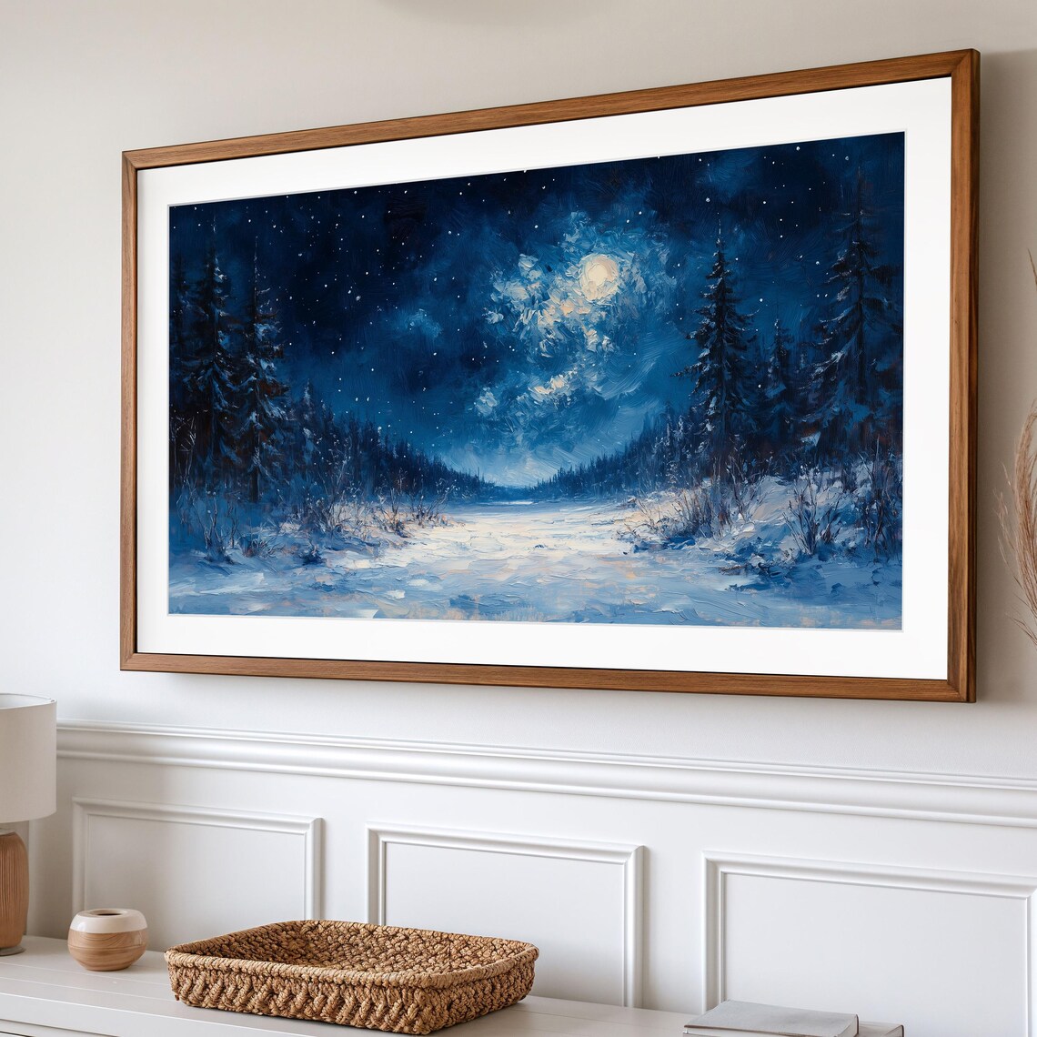 Moonlit Starry Night Over Snowy Forest Clearing Winter Night Art Poster - Image 2