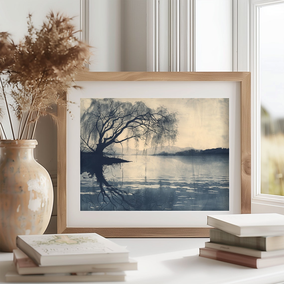Willow Tree Over Calm Lake in Blue Grey Tones Vintage Art Poster - Image 2