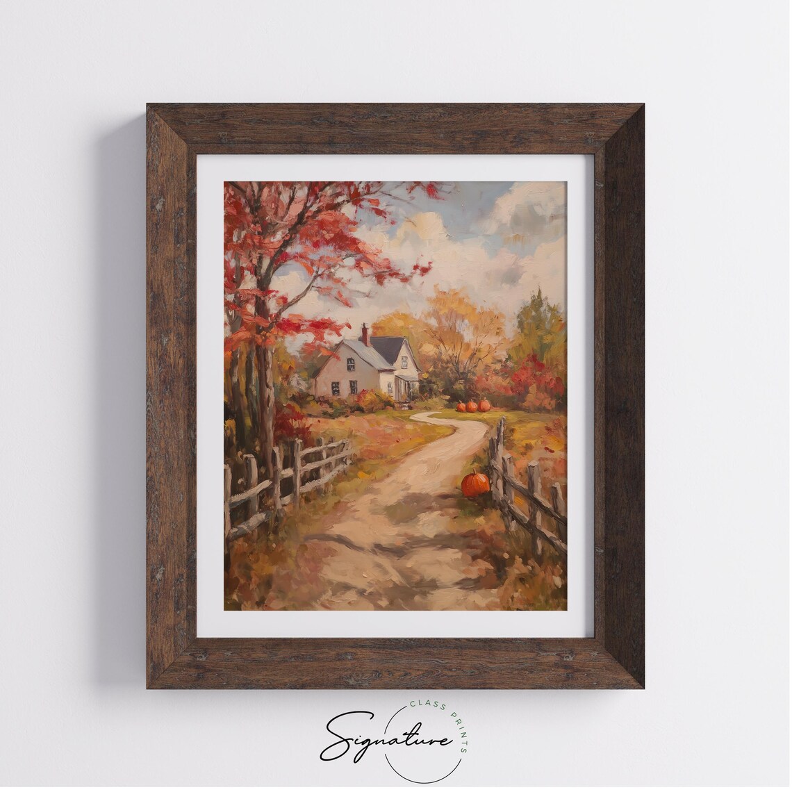 Autumn Country Lane with Farmhouse Split Fences and Pumpkins Poster - Image 4