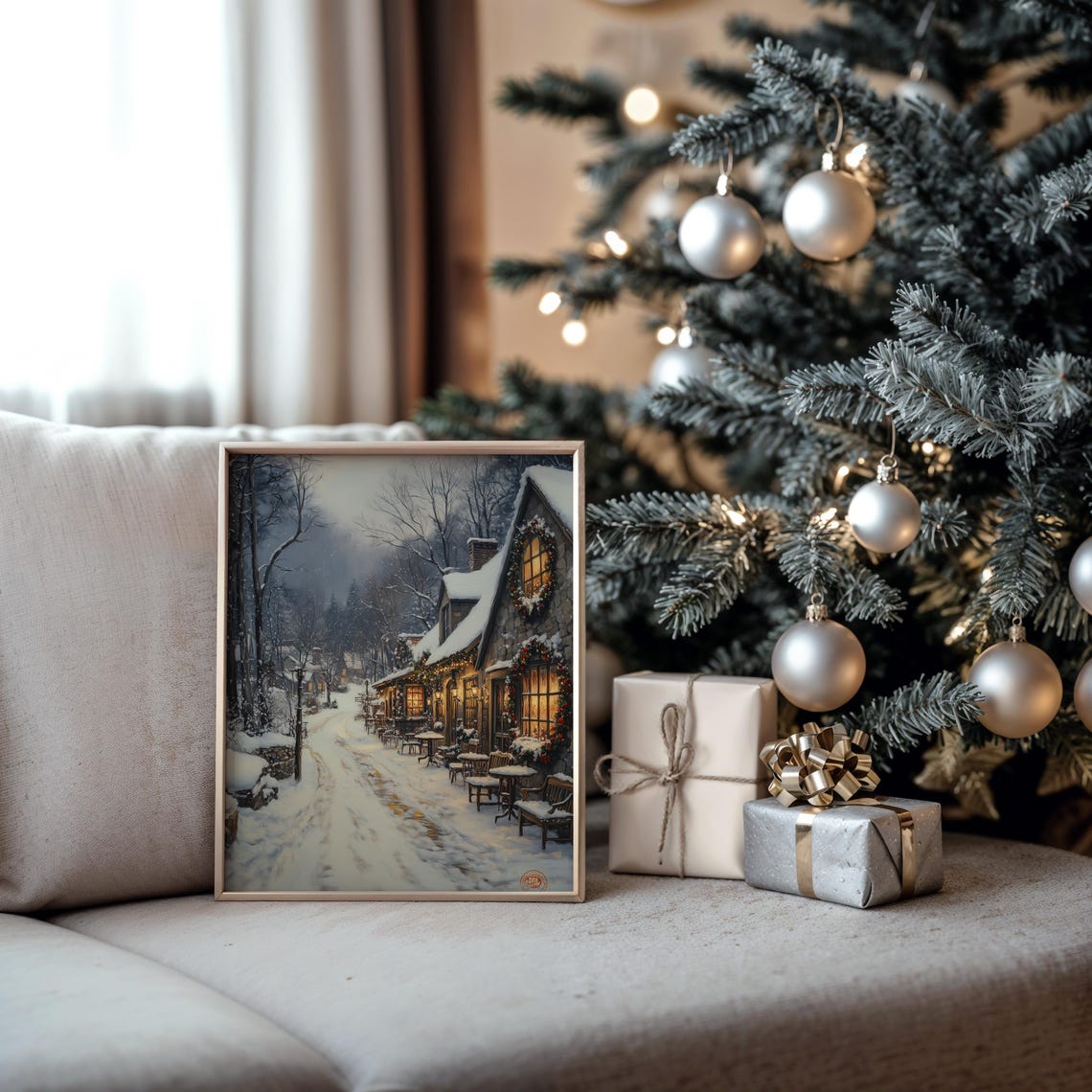 Snowy Cafe Street at Night with Glowing Wreaths Winter Poster - Image 5