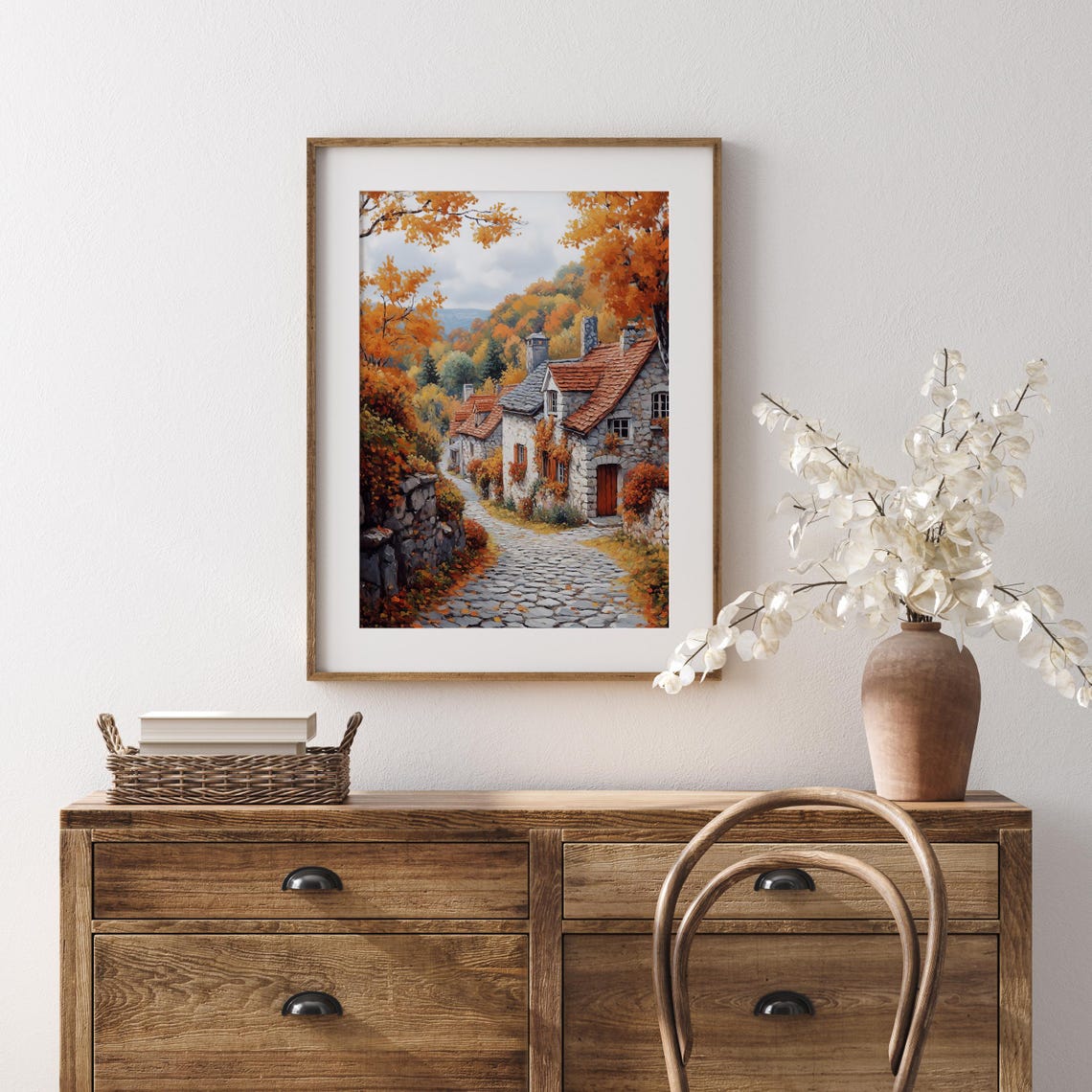 Autumn Stone Cottage Village Oil Painting Cobblestone Lane Poster - Image 5
